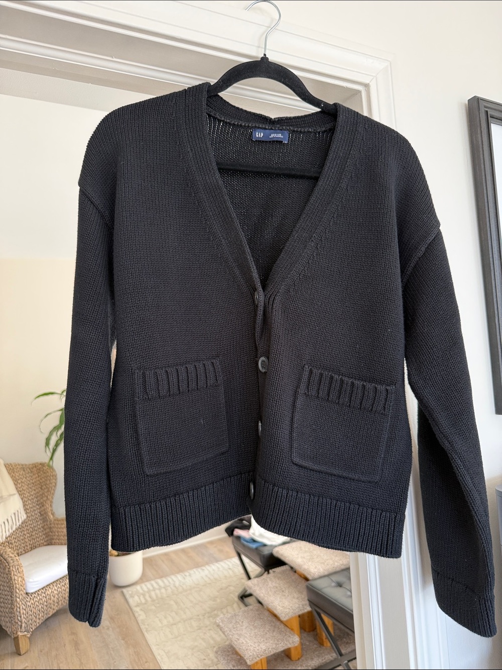 GAP Women’s Black V-Neck Button-Up Cardigan with Patch Pockets.  Great w/jeans